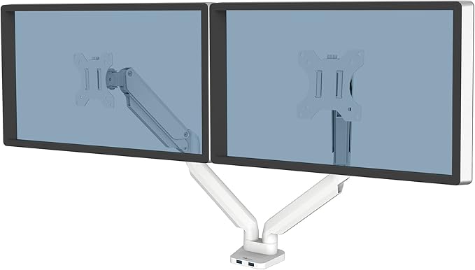 Fellowes Platinum Series Dual Monitor Arm for 40-Inch Monitors, Full Motion, 360° Rotation, VESA Mount with Grommet or Clamp, USB Ports, Ergonomic, White, 8056301