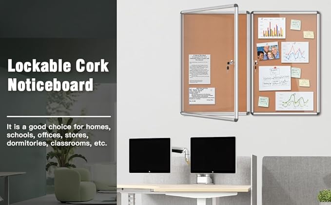 2 Pack 36"x24" Enclosed Bulletin Board, Lockable Weather-Resistant Aluminum Cork Noticeboard for School & Office, Silver Frame w/Cork