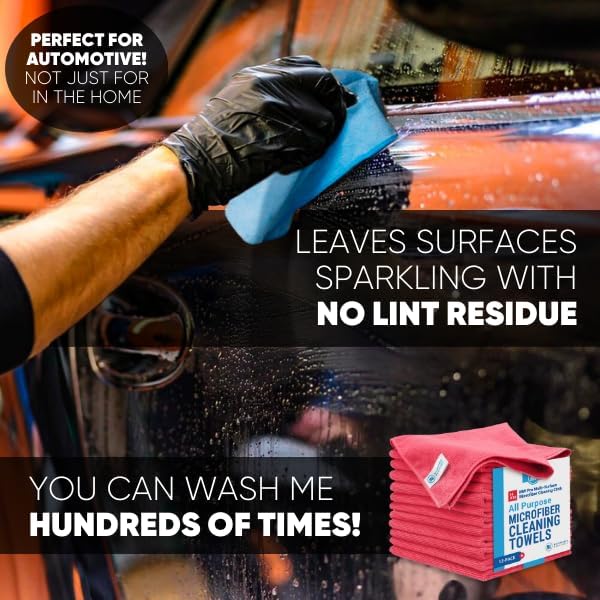 MW Pro Microfiber Cleaning Cloth | Red (12 Pack) | Size 16" x 16" | All Purpose Microfiber Towels - Clean, Dust, Polish, Scrub, Absorbent