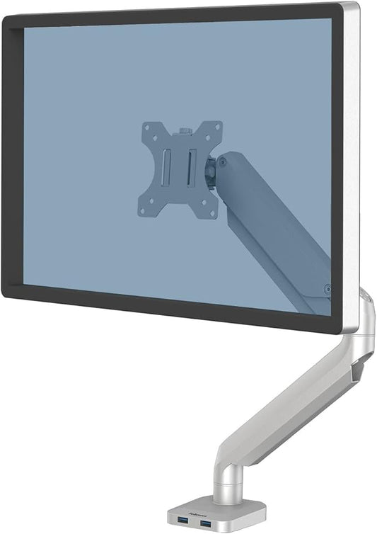 Fellowes Platinum Series Single Monitor Arm for 40-Inch Monitors, Full Motion, 360° Rotation, VESA Mount with Grommet or Clamp, USB Ports, Ergonomic, Silver, 8056401