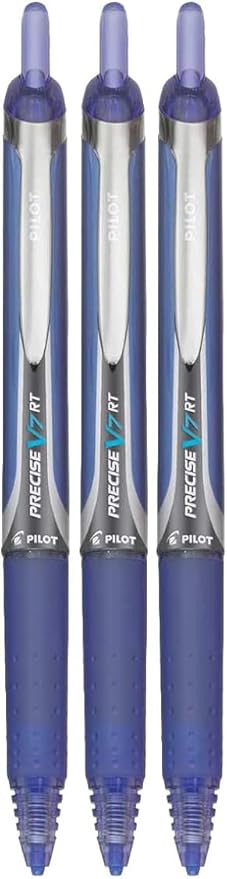 Precise V7 RT Retractable Rolling Ball Pens, Fine Point (.7mm), Blue Ink, 3-pk; Premium Comfort Grip, Bundle with Plastic Reusable Pouch