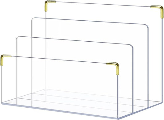 pbf Acrylic File Holder | Clear File Organizer for Desk w/Gold Accents | Acrylic Desk Organizer, Folder Holder, Mail Sorter, File Stand, Magazine Divider, Laptop, Notebook, & Letter Organizer