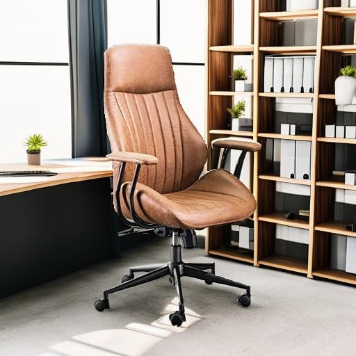 ovios Ergonomic Home Office Chair, Mid-Century Modern Faux Leather Chairs with Padded Armrests, Comfy High Back Swivel Rolling Executive Computer Armchair (Brown, Suede Leather)