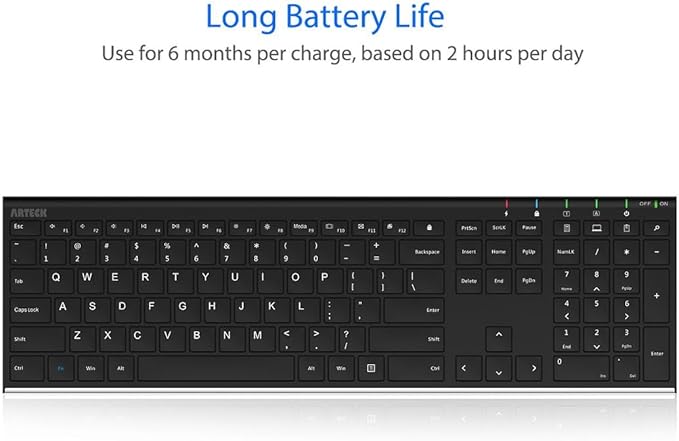 Arteck 2.4G Wireless Keyboard Stainless Steel Ultra Slim Full Size Keyboard with Numeric Keypad for Computer/Desktop/PC/Laptop/Surface/Smart TV and Windows 10/8/ 7 Built in Rechargeable Battery