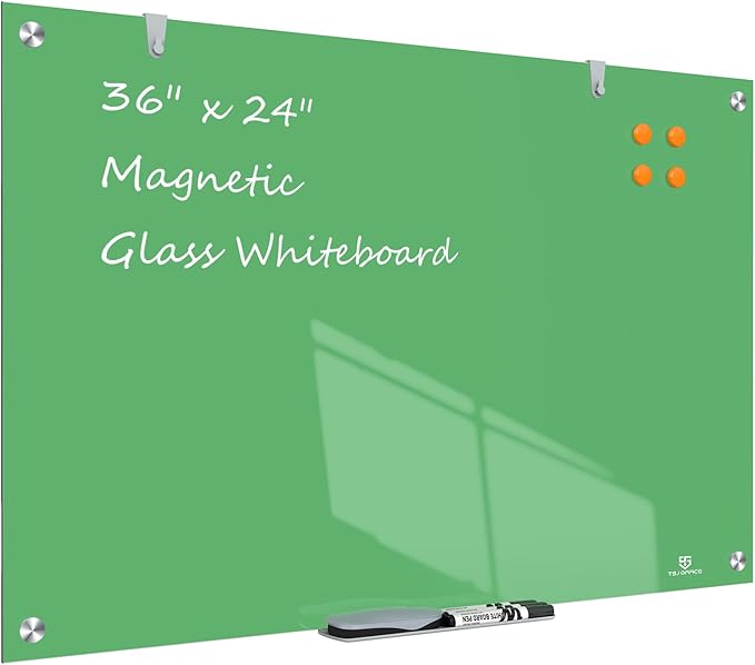 TSJ OFFICE Glass Dry-Erase Board - 36 x 24 Inches Wall Mounted Magnetic Whiteboard, Large Frameless Glass White Board for Office, Home & School, Green