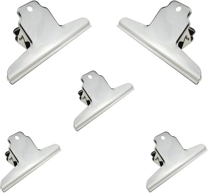 HAHIYO 5.7inch Silver Bulldog Clips Metal File Hinge Binder Clamps Save Space Strong Spring Jaws Rock Solid Grip Book Lay Flat Deburred Edge for Hang Photos Wall Grid Dog Food 5PCS