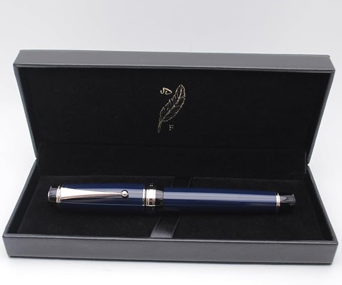 Metal Big Fountain Pen Set Medium Nib 0.7mm, Includes Ink Refill Converter, 5 Ink Cartridges & Gift Box (Medium Nib 0.7mm, Dark Blue with Silvery Clip)