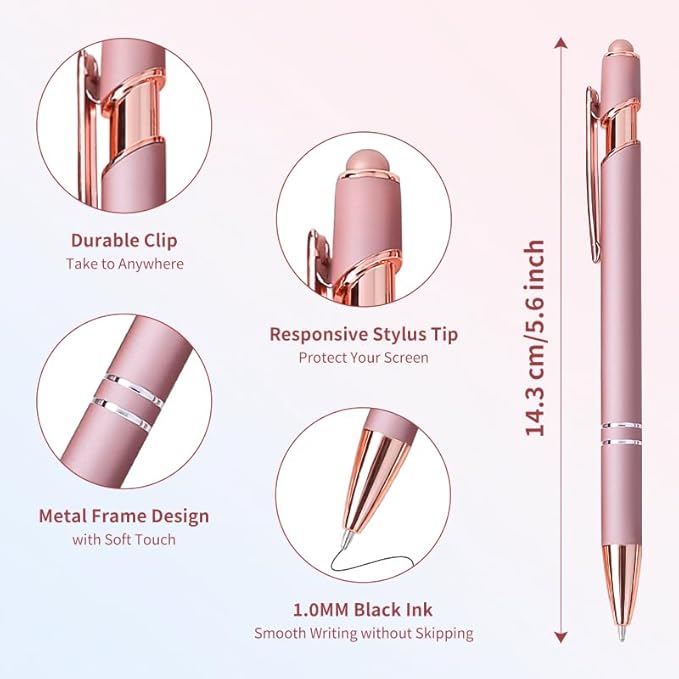 8 Pack Rose Ballpoint Pen with Stylus Tip, Metal Stylus Pens for Touch Screens, 1.0 mm Black Ink
