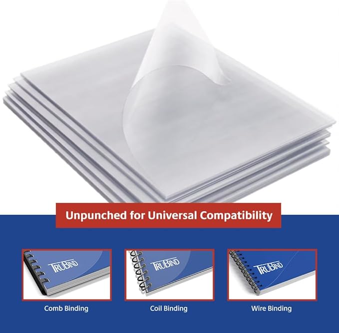 TruBind Binding Covers for Reports and Presentations - Crystal Clear PVC - 10 Mil Thick - Letter Size - 8 1/2 inch x 11 inch - Square Corners - No Tissue Interleaving - 100/Bx (CVR-10ASN)