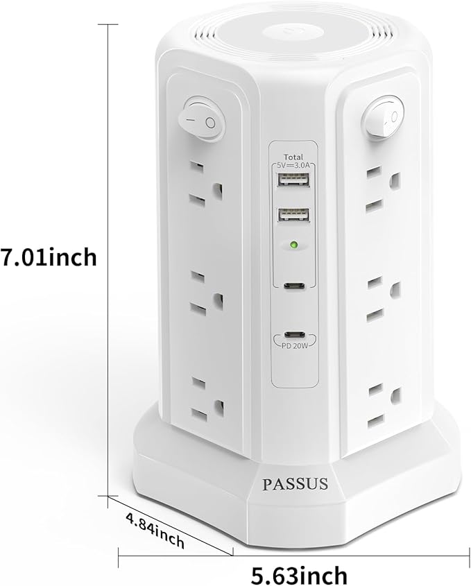 Long Surge Protector Power Strip 16 FT Cord, PD20W USB C Power Strip Tower with Night Light, Extension Cord with Multiple Outlets with 4 USB Ports, PASSUS Charging Station Home Office Essentials White
