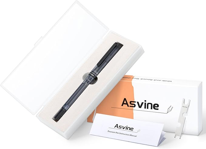Asvine V200 Titanium Fountain Pen Vacuum Filling, Matte Black Bock Extra Fine Nib Clear Demonstrator Acrylic with Pen Case and Wrench
