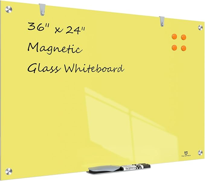 TSJ OFFICE Glass Dry-Erase Board - 36 x 24 Inches Wall Mounted Magnetic Whiteboard, Large Frameless Glass White Board for Office, Home & School, Yellow