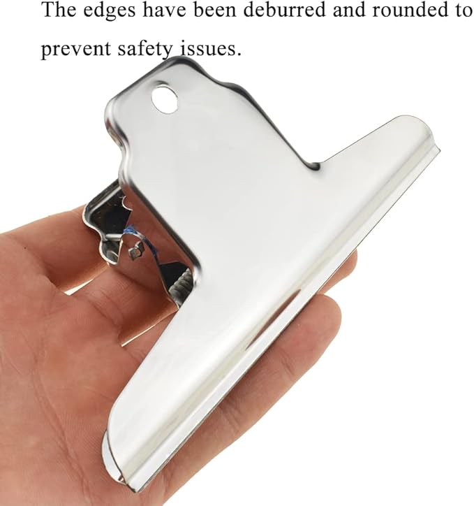 HAHIYO 5.7inch Silver Bulldog Clips Metal File Hinge Binder Clamps Save Space Strong Spring Jaws Rock Solid Grip Book Lay Flat Deburred Edge for Hang Photos Wall Grid Dog Food 5PCS