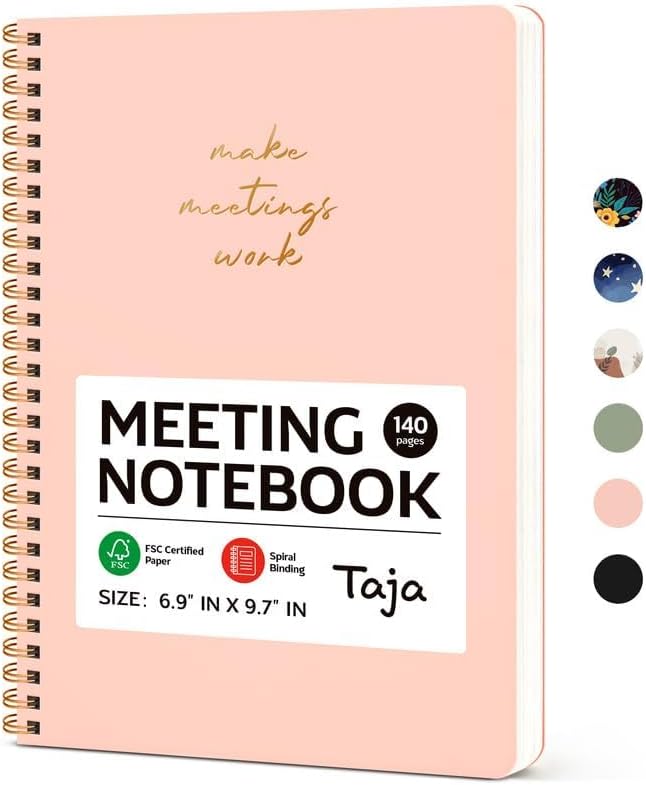 Taja Meeting Notebook for Work Organization - Work notebook with action items, Meeting Minutes Planner Notebook, Perfect Office Supplies for Men & Women - Pink
