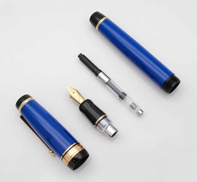 Metal Big Fountain Pen Set Medium Nib 0.7mm, Includes Ink Refill Converter, 5 Ink Cartridges & Gift Box (Medium Nib 0.7mm, Blue)