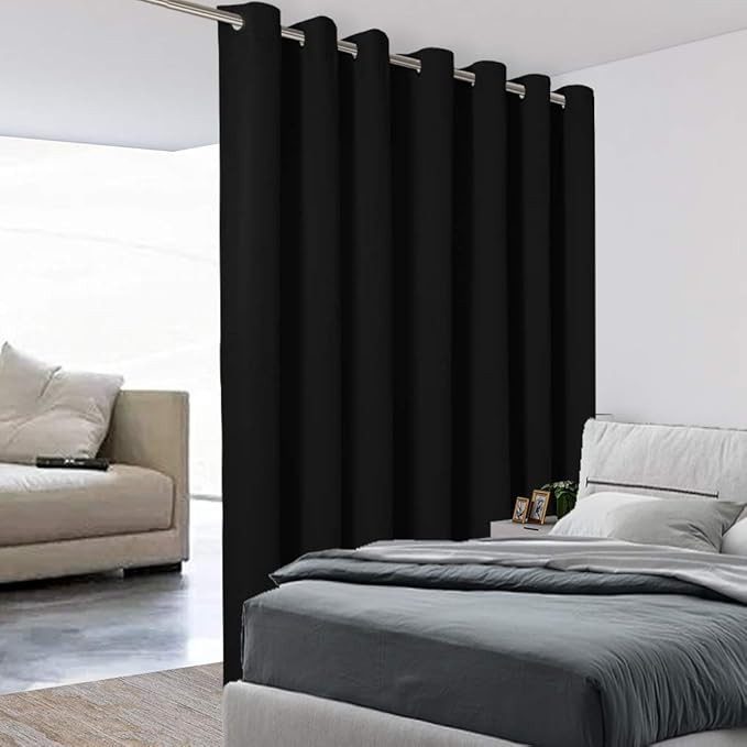BONZER Extra Wide Room Divider Curtain Total Privacy Wall Noise Reducing Blackout Curtains for Patio Sliding Glass Door, 96L x 120W Inch (8L x 10W ft), 1 Panel, Black