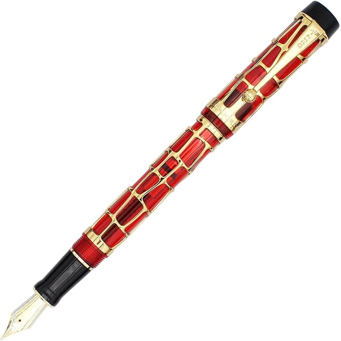 Gullor Century 100 Fountain Pen, Skeleton Hollow-out Series Golden, Screw-Cap, Fine Nib, Transparent Red