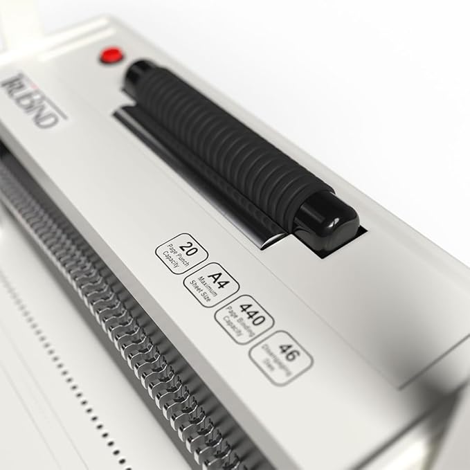 TruBind Coil Binding Machine with Electric Coil Inserter and Adjustable Side Margin | 20 Sheet Punch Capacity | Bind up to 440 Sheets | 46 Fully Disengageable Dies | 4:1 Pitch | 2-Year Warranty