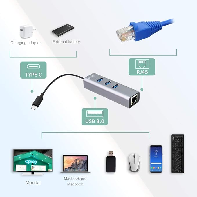 Opro9 4-in-1 USB C to Ethernet Hub, USB OTG Network Adapter, 3xUSB 3.0, Thunderbolt 3, with 10/100/1000 Mpbs RJ45 Gigabit Ethernet LAN Network, Adapter Converter for Mac/Windows/OS/Linux and More