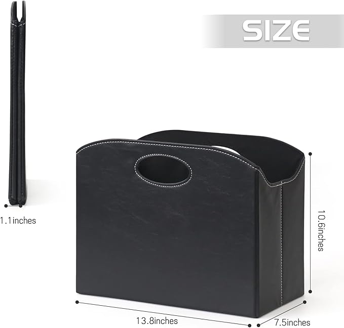 EZDeco Magazine Holder Foldable Magazine Rack Floor PU Leather File Holder Newspaper Book Storage Basket Document File Folder Organizer for Office Home (Black-2)