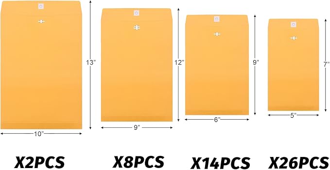 Frienda 4 Sizes Clasp Envelopes Kraft Paper Catalog Clasp Envelope with Closure for Filing, Storing or Mailing Documents, 50 Pieces(5 x7 In, 6 x 9 In, 9 x 12 In, 10 x 13 In,Yellow)