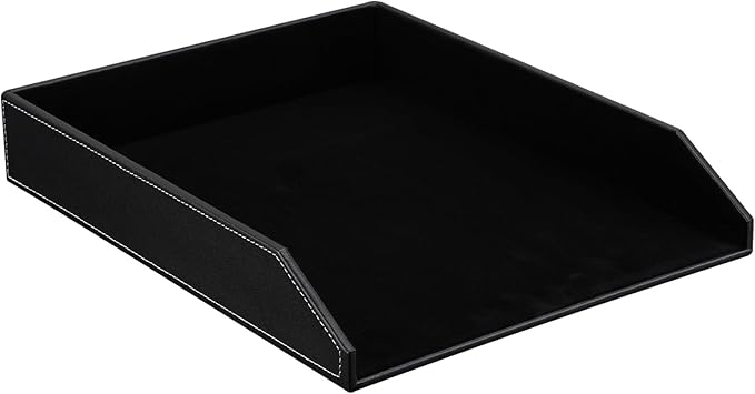 KINGFOM Letter Tray, PU Leather Paper Organizer Tray for Desk, Paper Organizer Storage Holder for Office Home or School A4 Size Black