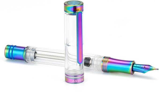 Asvine V200 Titanium Fountain Pen Vacuum Filling, Rainbow Bock Extra Fine Nib Clear Demonstrator Acrylic with Pen Case and Wrench