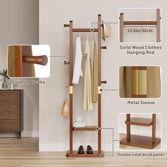 Solid Wood Coat Rack, Coat Rack Freestanding with 2 Shelves and 5 Hooks, Heavy Duty Coat Tree for Entryway，Living room，Coat Hanger Stand for Hats, Bags (Walnut Brown)