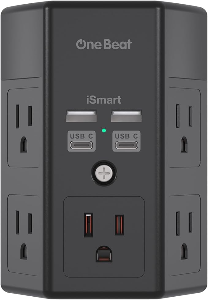 Surge Protector, 5 Outlets Extender with 4 USB Ports(USB C), 3-Side 1680J Power Strip Multi Plug Outlet Expander, USB Wall Charger, Outlet Splitter Adapter Wall Mount for Home Office ETL Listed（Black）