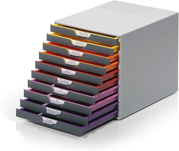 Durable Varicolor 10 Drawer Unit - Gray Desktop Drawer Set with 10 Color Coded Draws - Letter to Folio Size Files - Perfect for Storing Documents and Paper Work