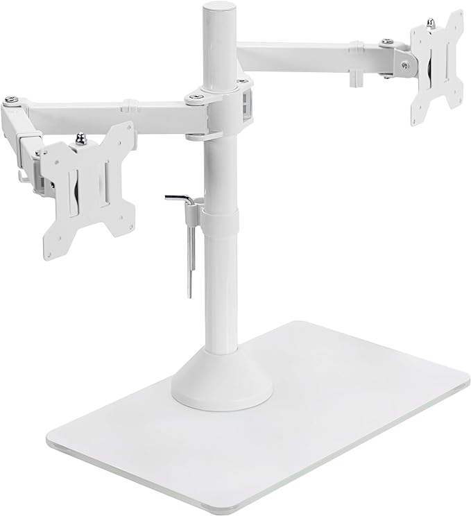 VIVO Freestanding Dual Monitor Stand with Sleek Glass Base and Adjustable Arms, Mounts 2 Screens up to 32 inch and 22 lbs Each, White, STAND-V002FGW