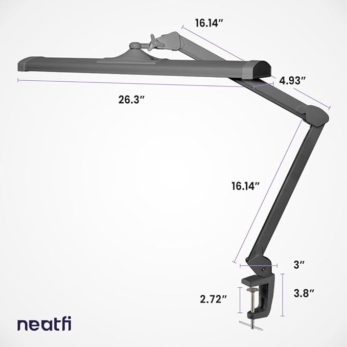 Neatfi Ultra 3,500 Lumen LED Desk Lamp, 45W, 26-Inch Wide Metal Shade, 270 SMD LEDs (Non-CCT with Clamp, Silver)