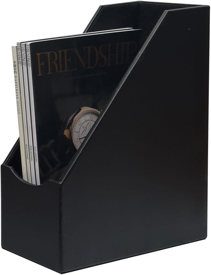UnionBasic Magazine File Holder, Leatherette Desktop Document Organizer, Home Office Paper Holder File Storage Literature Sorter, Black