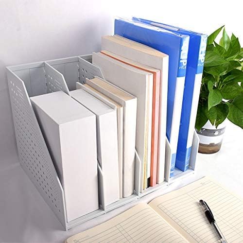 SAYEEC Collapsible Magazine Holder Plastic Desktop 4 Compartment File Desk Magazine Organizer Vertical File Divider Sorter Storage Document Organizer for Office Home School Gray