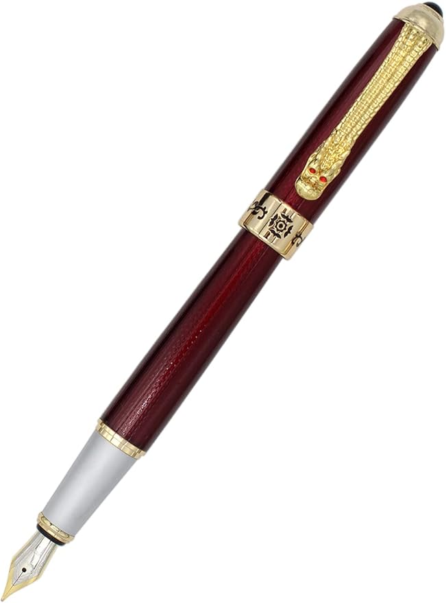 Gullor Fountain Pen with Ink Converter, Golden Dragon Clip, Executive Pen for Smooth Writing, Fine Nib, Red