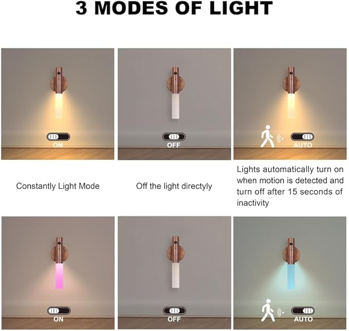 LANDGOO Motion Sensor Night Light RGB & Touch Control | USB-C Rechargeable Wooden Wall Sconce | Bathroom/Bedroom Light for Hallway, Stairs, Closet, Kids Room, Vanity, (Walnut Wood)