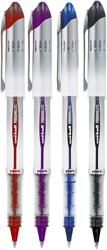Vision Elite Rollerball Pens, Bold Point (0.8mm), Black/Blue/Red/Purple Ink, 4 count, Bundle with Plastic Reusable Pouch