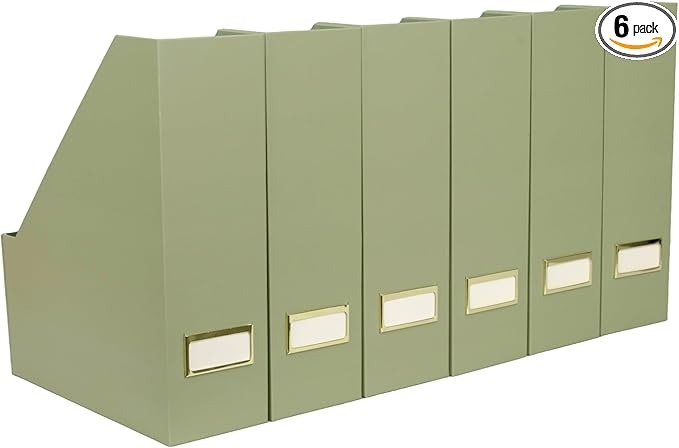 BLU MONACO Set of 6 Foldable Magazine File Holders in Earth Green – Sturdy Cardboard Vertical Organizers with Label Holders – Office File Storage Box, Desk Organizer, Paperwork and Document Holder