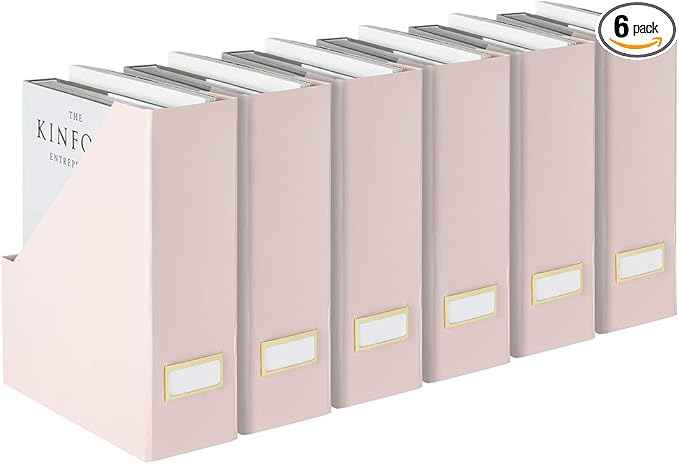 BLU MONACO Set of 6 Foldable Pink Magazine Holder with Gold Label Holders – Cute Stylish Magazine Storage for Shelves, and Closets – Book Bins, File Desk Organizer, and Document Storage