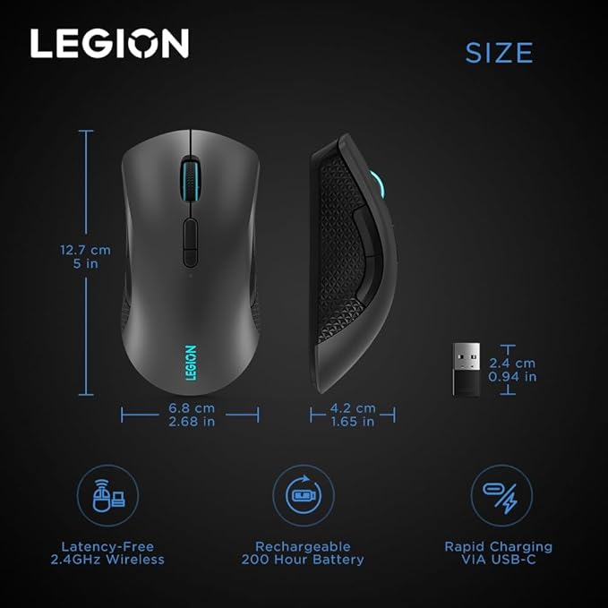 Lenovo Legion M600 RGB Wireless Gaming Mouse – 16,000 DPI, 9 Programmable Buttons, 200-Hour Battery Life, 50-Million Clicks Durability – Ambidextrous Computer Mouse (Black)