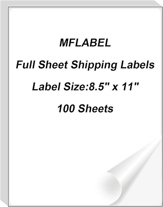 MFLABEL 100-Pack Full Sheet Labels (8.5" x 11") Matte White - Laser/Inkjet Printer Shipping Labels w/Strong Permanent Adhesive + 12 Free Fragile Stickers