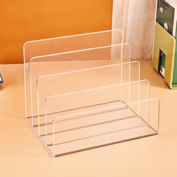 Acrylic File Organizer, 4Sections Clear Desk Organizer for Home Office, Desktop File Folder, Acrylic Mail Organizer Countertop for Notebook, Document and Paper, Clear File Holder,1Pcs