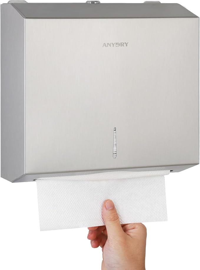 Wall Mount Paper Towel Dispenser 250-Sheet Capacity Brushed Stainless Steel Lockable Fits Multifold/Z-Fold Towels (Folded Size ≤ 10.6" x 3.9")