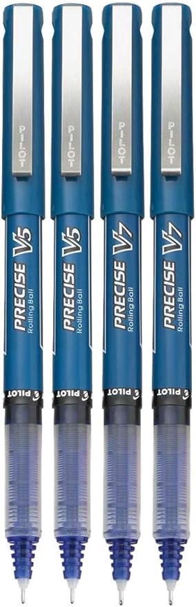 Precise V5/V7 Stick Rolling Ball Pens, Fine and Extra Fine Point, Assorted Points Blue Ink, 4-pk; Bundle with Plastic Reusable Pouch