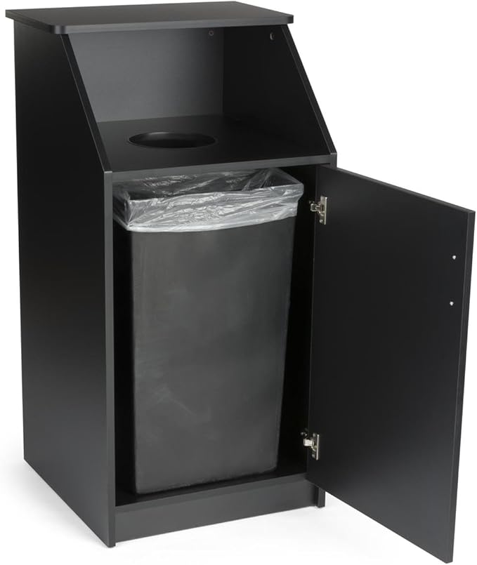 Displays2go Commercial Trash Bin with Black Finish, MDF Construction, Melamine Finish, Circular Cutout - Hinged Door (LCKDTLCSBK)