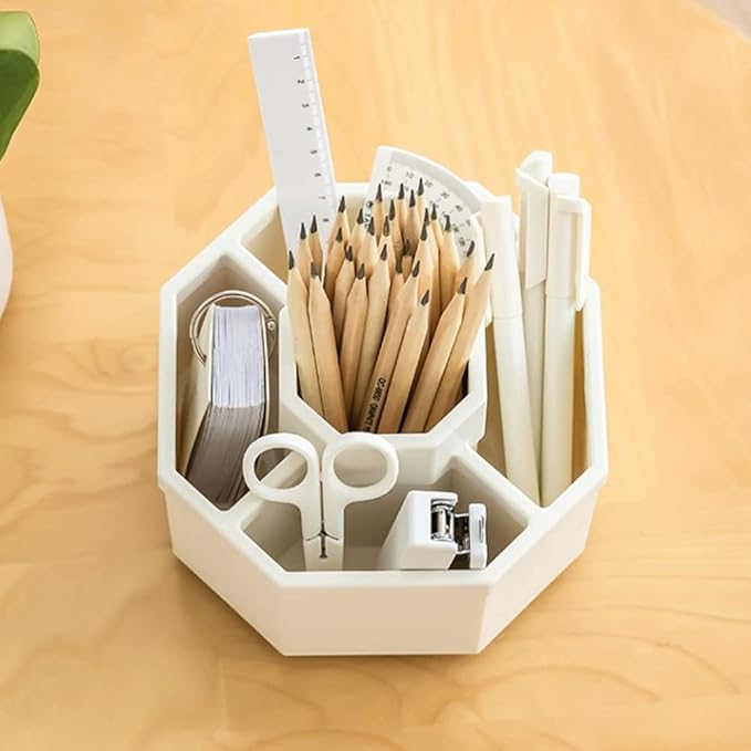 Desk Organizer, 360-Degree Rotating Multi-Functional Pen Holder, 5 Compartments Desktop Stationary Organizer, Home Office Art Supply Storage Box Caddy (White)