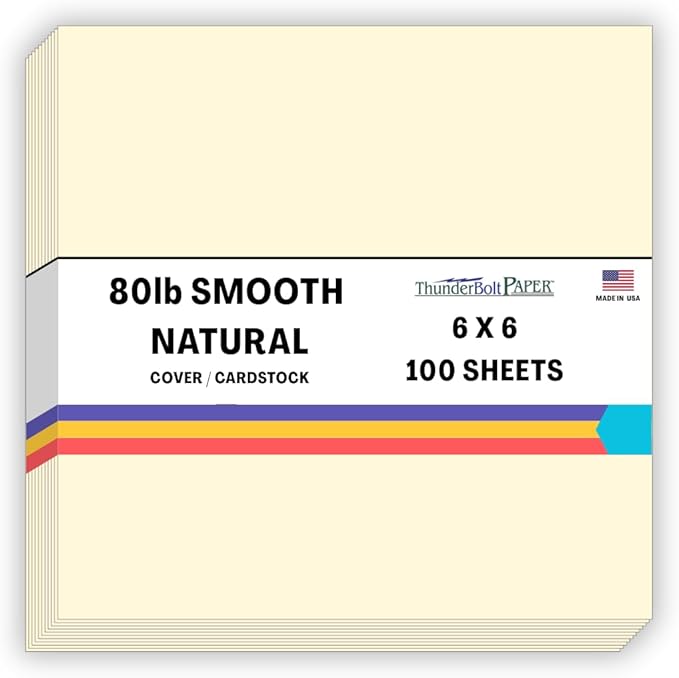 100 Natural Smooth Card Stock Sheets Paper - 6 X 6 Inches Square Scrapbook Album Size - 80# (80 lb/pound) Cover Weight - Quality Paper - Smooth Finish