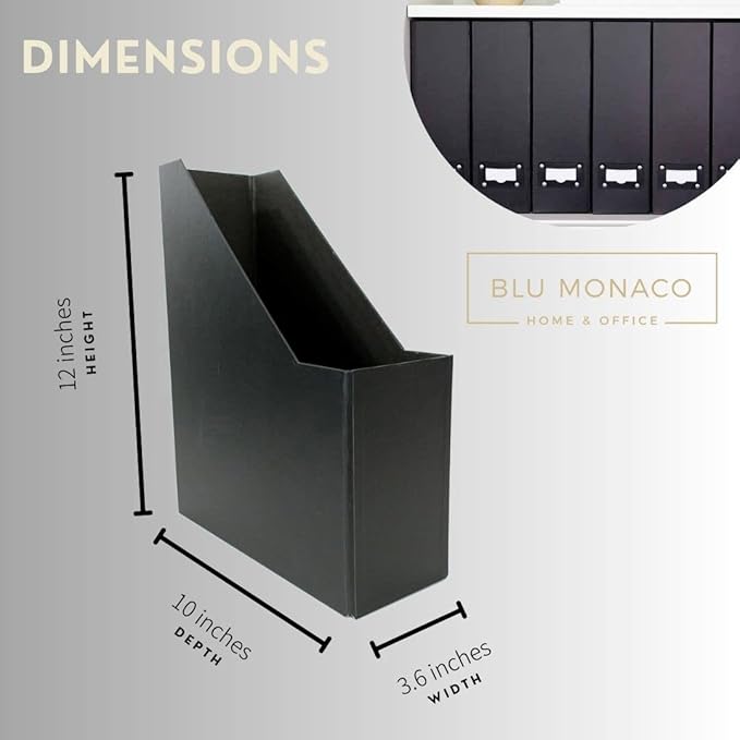 Blu Monaco Foldable Black Magazine File Holder with Leather Label Holder - Set of 6 Cardboard Magazine File Boxes Desk File Organizer