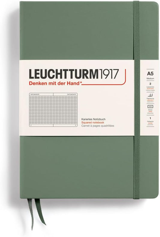 LEUCHTTURM1917 - Notebook Hardcover Medium A5-251 Numbered Pages for Writing and Journaling (Olive, Squared)