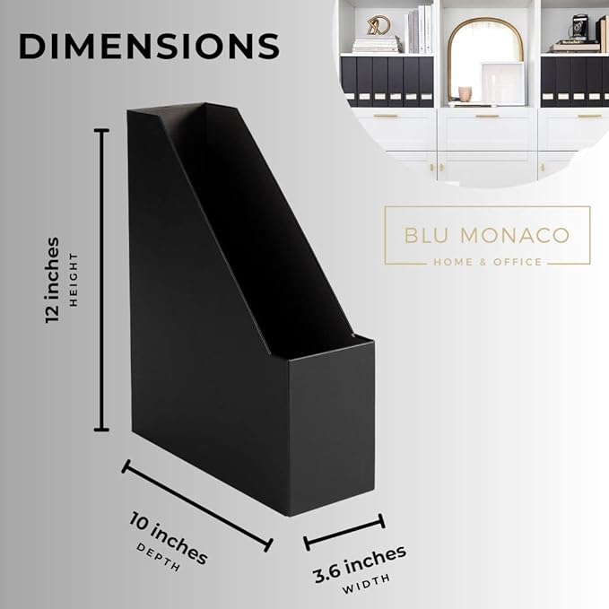 BLU MONACO Declutter in Style - Set of 6 Black Foldable Magazine File Holders with Gold Label Holders - Cardboard Magazine Storage Box & Desk Organizer for Workspace and Shelves